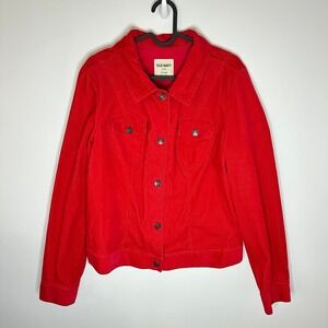 Y2K Red Corduroy Jacket Womens Large Cropped Trucker Button Stretch